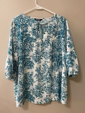 BloomChic blouse 14-16 Toile de Jouy floral shirt white teal angels modest